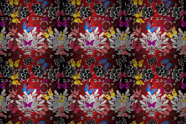 Tekstil baskısı için ekose kelebek. Kırmızı, beyaz ve siyah renklerin çizimi. Karala, karala, karala. Kusursuz desen. Raster illüstrasyonu.