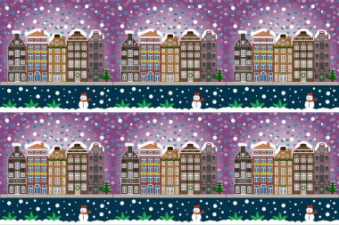 Geceleri karlı bir Noel manzarasında bir ev. Noel ağacı ve kardan adam. Tebrik veya posta kartı kavramı.