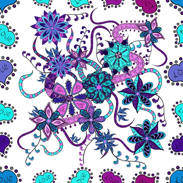 Flat Flower Elements Design. Cute flower pattern. Flowers on white, blue and black colors. Colour Spring Theme seamless pattern Background.