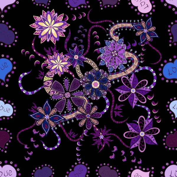 Patroon Met Lentebloemen Met Tak Zwart Paars Violet Kleuren Met — Stockvector