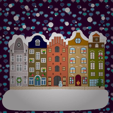 Vektör çizimi. Gece vektörü Kış, Noel şehir manzarası.