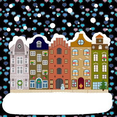 Yeni yıl tatili. Kış evleri, yollar, ağaçlar. Vektör. Kış doğası. Vektör. Şehir manzarası. Noel arifesi şirin bir kasaba. Tebrik kartı, poster tasarımı. Şehirde kış, Noel dekoru köknar ağaçları.