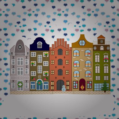 Vektör çizimi. Kış doğası. Tarafsız, kahverengi ve beyaz ağaçları, şirin evleri ve güneşi olan kış şehri. Kumaş izi. Ağaçlar.