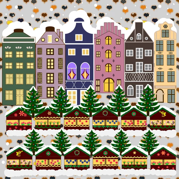 Snowy Street Paisaje Invierno Urbano Diseño Plano Tarjeta Navidad Happy —  Fotos de Stock