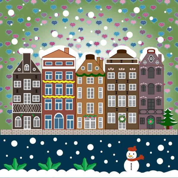 Biglietto Auguri Natale Felice Anno Nuovo Casa Inverno Illustrazione Vettoriale — Vettoriale Stock