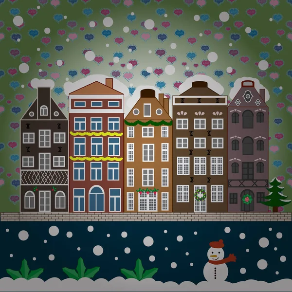 Biglietto Auguri Illustrazione Vettoriale Villaggio Natale Striscione Sfondo Con Neve — Vettoriale Stock