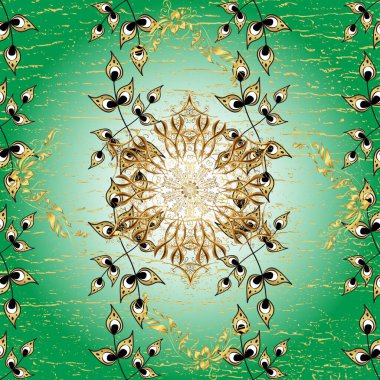 Kusursuz oryantal klasik altın desen. Yeşil, nötr ve sarı renklerde altın tekrarlayan elementlerle soyut arkaplan.