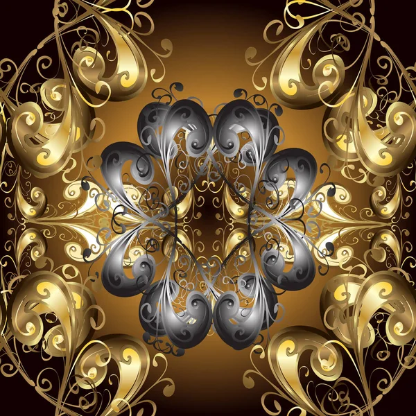 Floral ornament brocade textile pattern, glass, metal with floral pattern on brown, black and gray colors with golden elements. Classic golden seamless pattern.