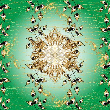 Çiçek süsüsüyle kusursuz desenli vektör. Geleneksel Arap dekoru yeşil, sarı renkler. Doğu tarzında klasik tasarım öğesi. Süslü dantel iz sürücü. Duvar kağıdı için altın süslü illüstrasyon.