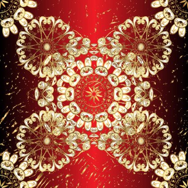 Kına dövmeli süs çiçekleri, altın çıkartmalar, mehndi ve yoga tasarımı, kartlar ve parmak izleri. Vektör altın mehndi kusursuz desen. Bej, kahverengi ve sarı renkte desen.