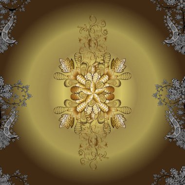 Geleneksel vektör ve altın desen. Klasik oryantal desen sarı, kahverengi ve nötr renklerden önce gelir. Damask pürüzsüz süsü.