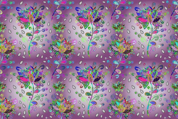 Yeşil, nötr ve mor renkte yaz çiçekleri. Küçük çiçekteki sevimli çiçek deseni. Desen.