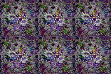 Çiçekli, suluboya desenli kusursuz çiçek deseni. Düz Çiçek Elementleri Tasarım Raster illüstrasyonu. Tarafsız, siyah ve mor renkte çiçekler. Renkli Bahar Teması Özelliksiz Arkaplan.