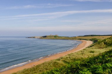 Cornwall 'daki güzel körfez. Eski şatosu olan bir sahil..