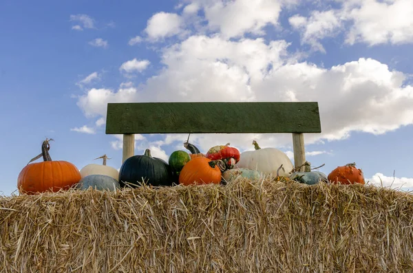 干し草の玉の上に座っているカボチャの束の上にサイン — ストック写真