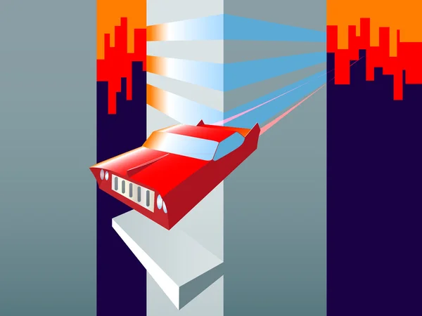 Zukunft fliegendes Auto. Abendstadt. Vektor. — Stockvektor