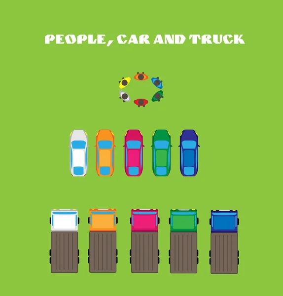 Color people, car and truck. Top view. — Stock Vector