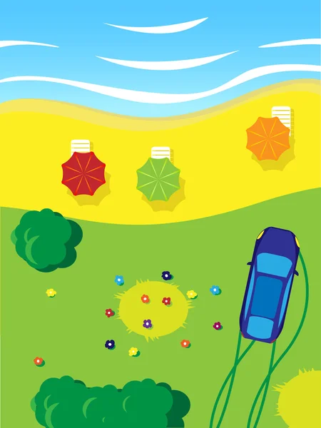 Morze z parasolami i trawa, kwiat, drzewo, samochód — Wektor stockowy