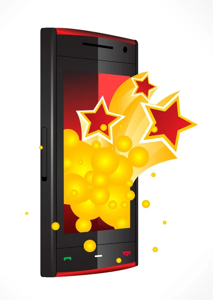Mobile phone with stars taking off from the screen — Stock Vector