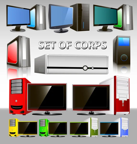 Set of computer corps and monitor. — Stock Vector