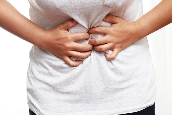 Frau Mit Bauchschmerzen Oder Menstruationsschmerzen Bauchschmerzen Leiden Menstruationsbeschwerden Gesundheitswesen Und — Stockfoto