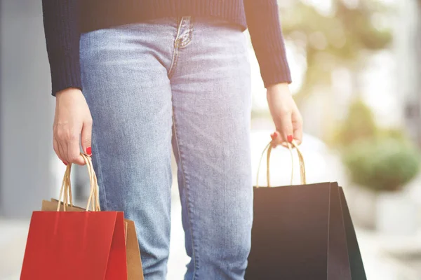 Close Consumerism Young Woman Holding Hand Many Shopping Bag Fashion — Stock Photo, Image