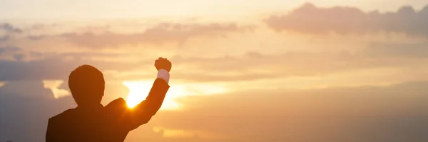 Silhouette Hand Raised Fist Business Man Sun Lighting Morning Background — Stock Photo, Image