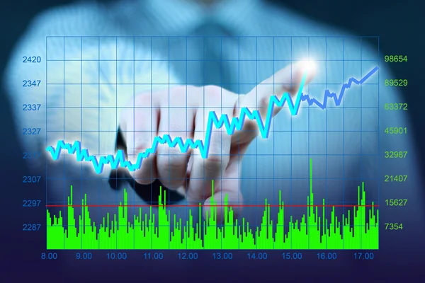 Geschäftsmann Hand berühren virtuelle Aktiengraph, Diagramm, Diagramm — Stockfoto