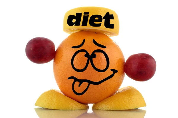Dieta noiosa. Carattere di frutta divertente su sfondo bianco — Foto Stock
