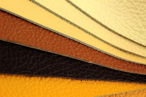 Natural leather upholstery samples with stitching in various colors — Stock Photo, Image