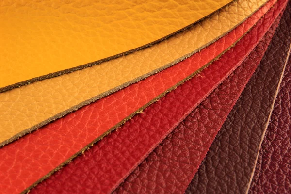 Natural leather upholstery samples with stitching in various colors — Stock Photo, Image