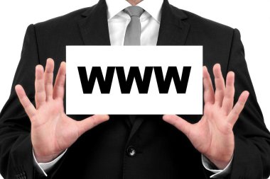 Web sitesi, www. işadamı siyah takım elbise ve siyah kravat ile beyaz bir gömlek kartvizit gösterir