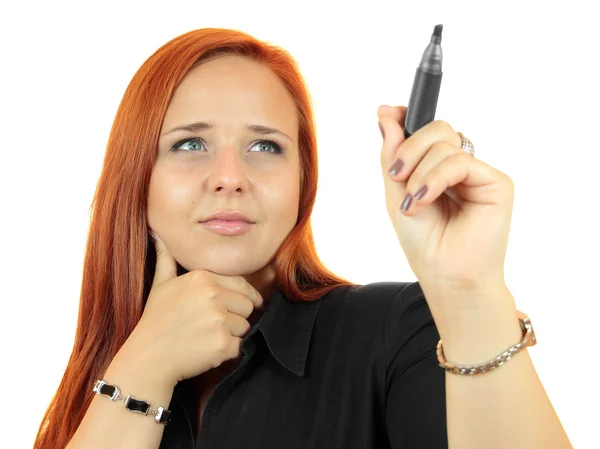 Zakenvrouw in lange mouwen shirt houder is van een viltstift te schrijven in medio lucht, geïsoleerd op wit — Stockfoto