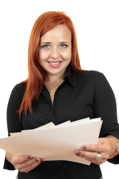 Portrait of smiling business woman with blank paper — Stock Photo, Image