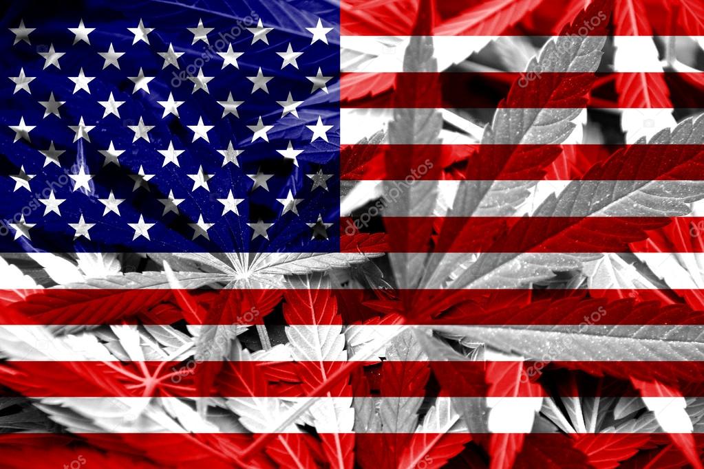 USA Flag on cannabis background. Drug policy. Legalization of marijuana