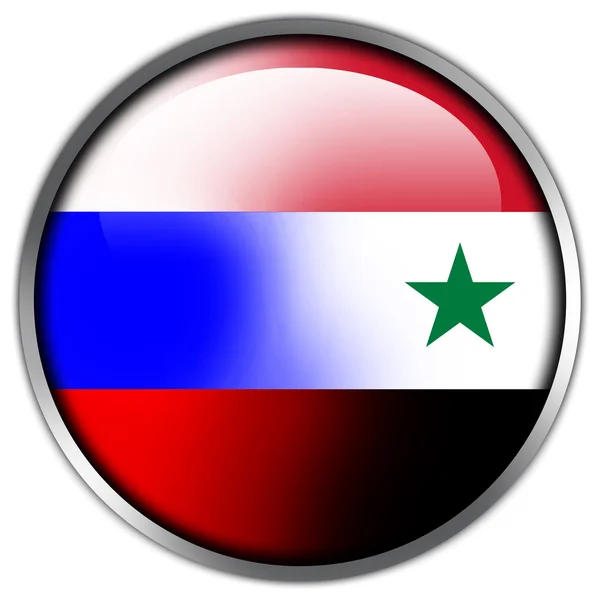 Rusko a Sýrie lesklý tlačítko příznak — Stock fotografie