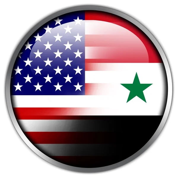Przycisk błyszczący flaga USA i syria — Zdjęcie stockowe