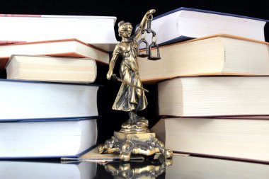 Justice Statue and books. Lawyer background clipart