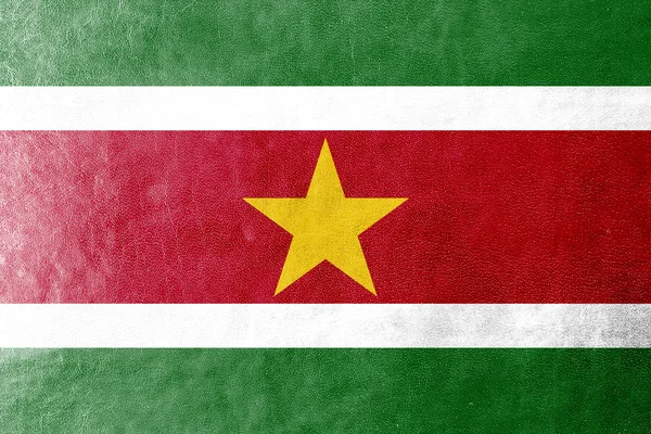 Suriname Bandeira pintada sobre textura de couro — Fotografia de Stock