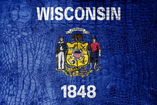 Wisconsin State Flag painted on luxury crocodile texture — Stock Photo, Image