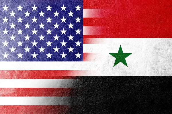USA und Syrien Flagge auf Leder Textur gemalt — Stockfoto