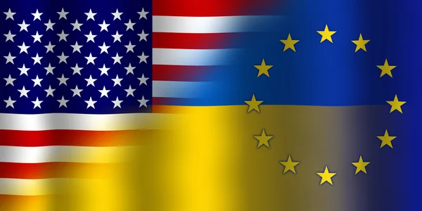 Ondeando la bandera de Ucrania, la UE y los Estados Unidos — Foto de Stock