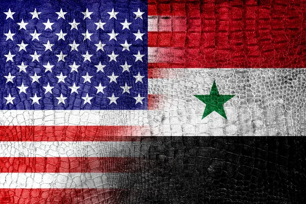 USA und Syrien Flagge auf Luxus-Krokodil Textur gemalt — Stockfoto