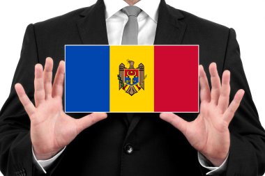 Kartvizit moldova bayrağı ile tutan işadamı몰도바의 국기와 함께 명함을 들고 사업