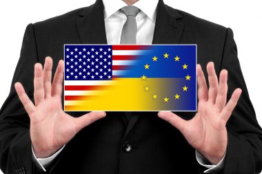 Kartvizit Ukrayna, AB ve ABD bayrağı ile tutan işadamı