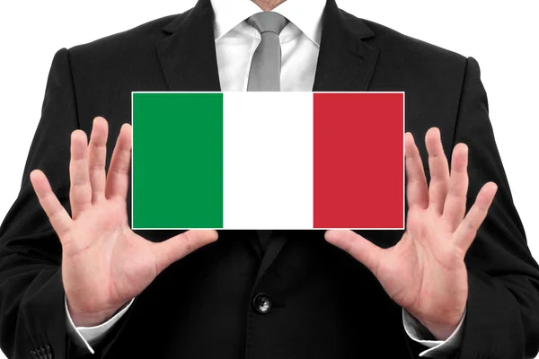 Businessman holding a business card with Italy Flag — Stock Photo, Image