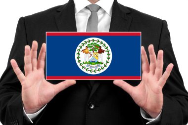 Kartvizit belize bayrağı ile tutan işadamı