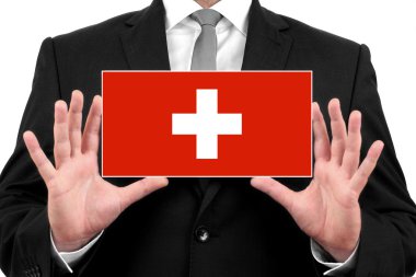 Kartvizit İsviçre bayrağı ile tutan işadamı