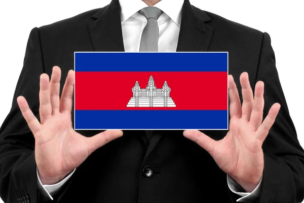 Empresario con tarjeta de visita con Bandera de Camboya — Foto de Stock