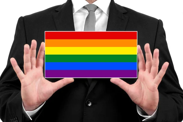 Empresario sosteniendo una tarjeta de visita con Rainbow Flag — Foto de Stock